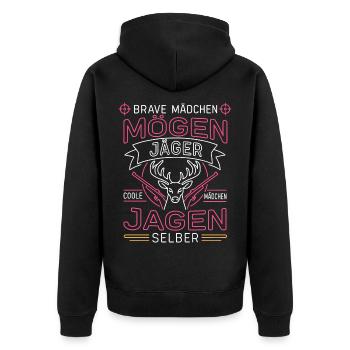 Jägerinnen Coole Mädchen Jagd - Unisex Premium Bio Zip Hoodie - Schwarz - Hinten - Nico (187cm)