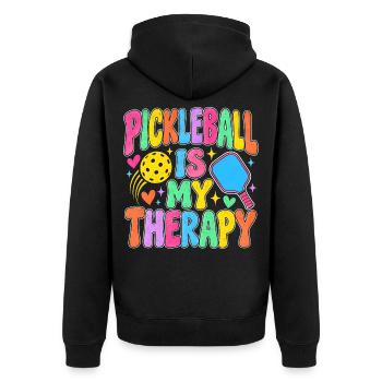 Pickleball ist meine Therapie, groovy - Unisex Premium Bio Zip Hoodie - Schwarz - Hinten - Nico (187cm)