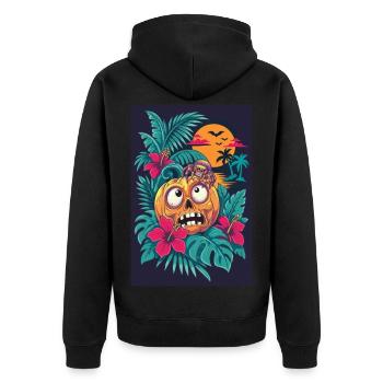 Skelett-Kürbis und tropischer Mond - Unisex Premium Bio Zip Hoodie - Schwarz - Hinten - Nico (187cm)