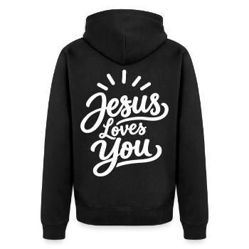 Jesus liebt dich christlicher Glaube - Unisex Premium Bio Zip Hoodie - Schwarz - Hinten - Nico (187cm)