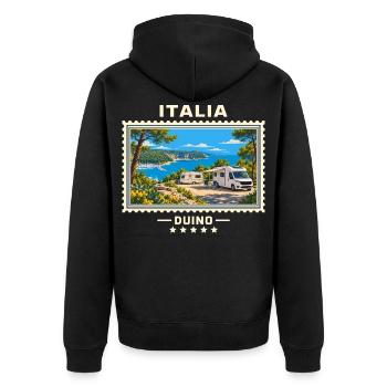 Italien Duino Camping Vintage Reisemarke - Unisex Premium Bio Zip Hoodie - Schwarz - Hinten - Nico (187cm)
