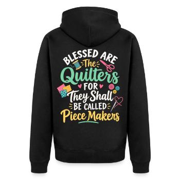 Gesegnet sind die Qulters Nähinspiration - Unisex Premium Bio Zip Hoodie - Schwarz - Hinten - Nico (187cm)