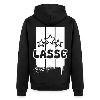 Geschenkidee Lasse - Unisex Premium Bio Zip Hoodie - Schwarz - Hinten - Nico (187cm)