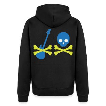 Pirat mit Bass und Totenkopf - Unisex Premium Bio Zip Hoodie - Schwarz - Hinten - Nico (187cm)