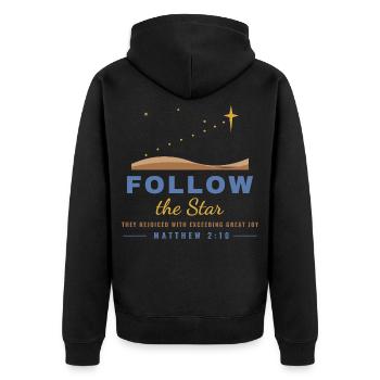 Follow the Star – Matthew 2:10 Christmas - Unisex Premium Bio Zip Hoodie - Schwarz - Hinten - Nico (187cm)