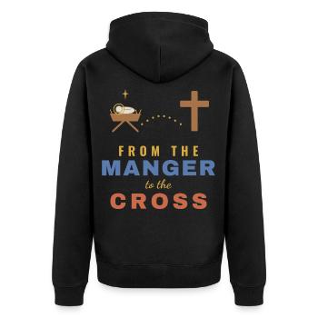 From the Manger to the Cross – Christian - Unisex Premium Bio Zip Hoodie - Schwarz - Hinten - Nico (187cm)
