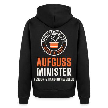 Aufgussminister – Lustiger Sauna Aufguss Spruch - Unisex Premium Bio Zip Hoodie - Schwarz - Hinten - Nico (187cm)