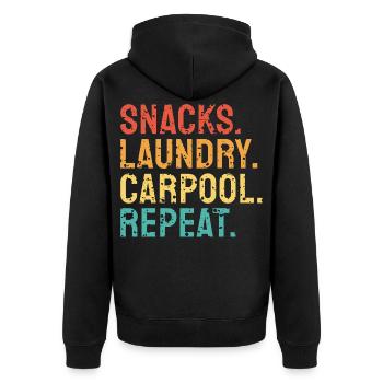 Snacks, Wäsche, Fahrgemeinschaft, Wiederholung - Unisex Premium Bio Zip Hoodie - Schwarz - Hinten - Nico (187cm)