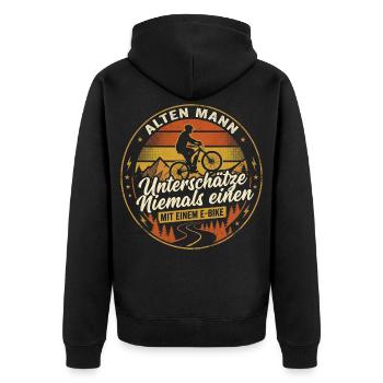 E-Bike Alter Mann Niemals Unterschätzen Retro - Unisex Premium Bio Zip Hoodie - Schwarz - Hinten - Nico (187cm)