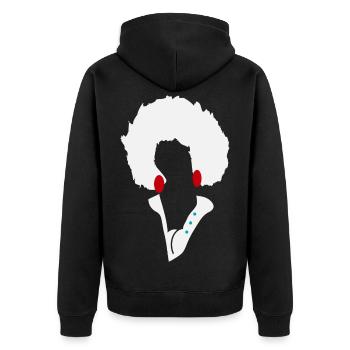 Weiße Afro-Silhouette mit blauen Knöpfen - Unisex Premium Bio Zip Hoodie - Schwarz - Hinten - Nico (187cm)
