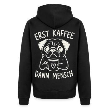 Erst Kaffee, Dann Mensch – Pug Becher - Unisex Premium Bio Zip Hoodie - Schwarz - Hinten - Nico (187cm)