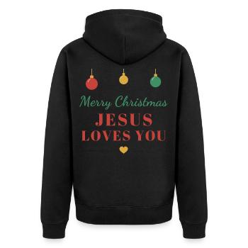 Merry Christmas – Jesus Loves You - Unisex Premium Bio Zip Hoodie - Schwarz - Hinten - Nico (187cm)