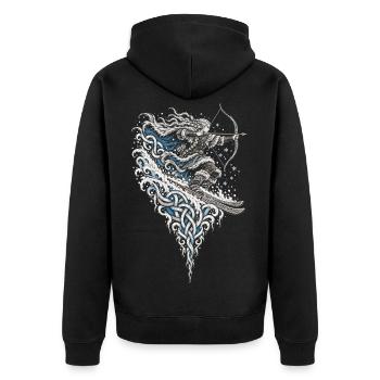 Die Winterjägerin auf Skiern - Unisex Premium Bio Zip Hoodie - Schwarz - Hinten - Nico (187cm)