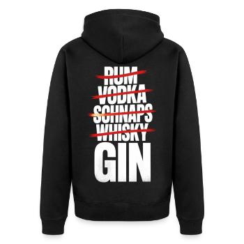 Kuki's Fine Spirit – Nur GIN Statement Shirt - Unisex Premium Bio Zip Hoodie - Schwarz - Hinten - Nico (187cm)