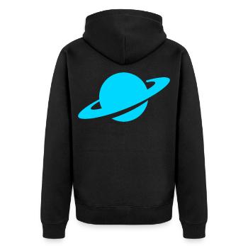 Blauer Ringplanet - Unisex Premium Bio Zip Hoodie - Schwarz - Hinten - Nico (187cm)