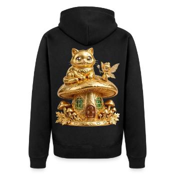 Goldene Katze auf Zauberpilz - Unisex Premium Bio Zip Hoodie - Schwarz - Hinten - Nico (187cm)