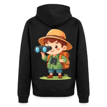 Kleiner Comic Abenteurer Tropenhut Fernglas  - Unisex Premium Bio Zip Hoodie - Schwarz - Hinten - Nico (187cm)