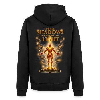 From Shadows Grows Light – Ungebrochenfrei - Unisex Premium Bio Zip Hoodie - Schwarz - Hinten - Nico (187cm)