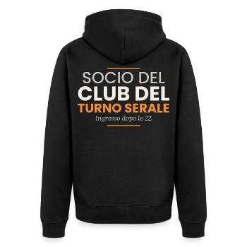 Mitglied des Abendschichtclubs – Kellner - Unisex Premium Bio Zip Hoodie - Schwarz - Hinten - Nico (187cm)