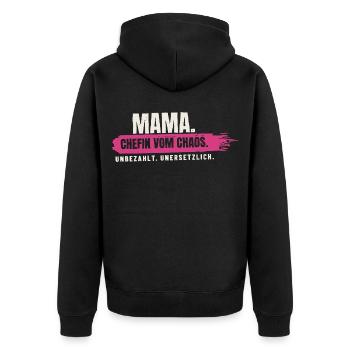 Mama – Chefin vom Chaos - Unisex Premium Bio Zip Hoodie - Schwarz - Hinten - Nico (187cm)
