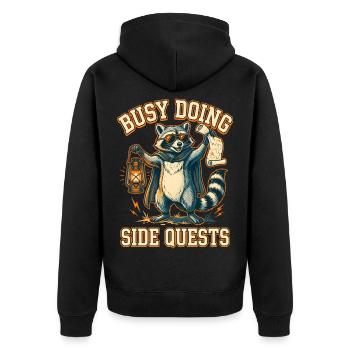 Beschäftigt mit Nebenquests, Waschbär - Unisex Premium Bio Zip Hoodie - Schwarz - Hinten - Nico (187cm)