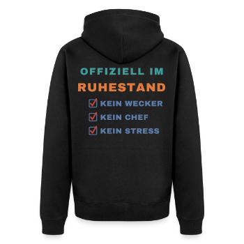 Offiziell im Ruhestand – Kein Wecker, kein Chef - Unisex Premium Bio Zip Hoodie - Schwarz - Hinten - Nico (187cm)