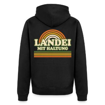 Landei mit Haltung Retro Sonnenaufgang - Unisex Premium Bio Zip Hoodie - Schwarz - Hinten - Nico (187cm)