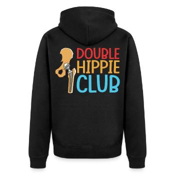 Hüften Hüfte Hüftgelenk - Unisex Premium Bio Zip Hoodie - Schwarz - Hinten - Nico (187cm)