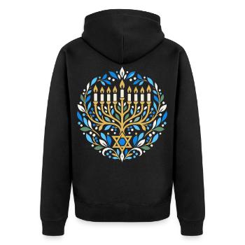 Chanukka-Motiv mit Chanukkia und Davidstern - Unisex Premium Bio Zip Hoodie - Schwarz - Hinten - Nico (187cm)