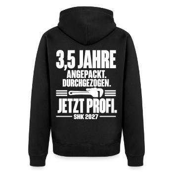 3,5 Jahre angepackt – SHK Profi 2027 - Unisex Premium Bio Zip Hoodie - Schwarz - Hinten - Nico (187cm)