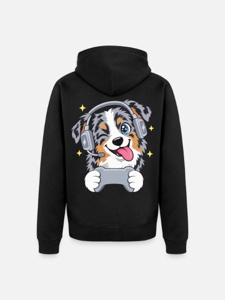 Gaming Australian Shepherd mit Headset Controller - Unisex Premium Bio Zip Hoodie - Schwarz