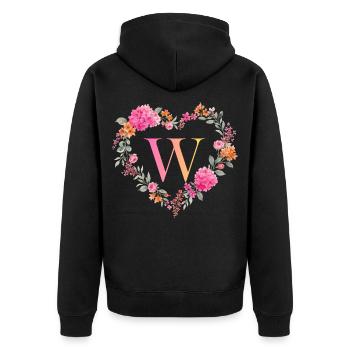 W Monogramm Blumen Herz personalisierbar - Unisex Premium Bio Zip Hoodie - Schwarz - Hinten - Nico (187cm)