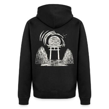 Torii Sonnenuntergang Zen - Unisex Premium Bio Zip Hoodie - Schwarz - Hinten - Nico (187cm)