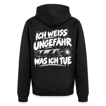 Ich weiß ungefähr was ich tue – Feuerwerk - Unisex Premium Bio Zip Hoodie - Schwarz - Hinten - Nico (187cm)