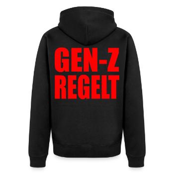 gen z regelt das - Unisex Premium Bio Zip Hoodie - Schwarz - Hinten - Nico (187cm)