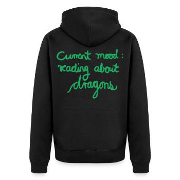 Current Mood: Reading About Dragons  - Unisex Premium Bio Zip Hoodie - Schwarz - Hinten - Nico (187cm)
