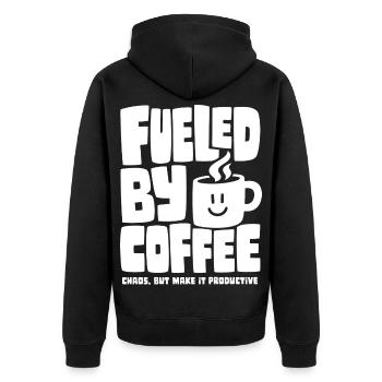 Fueled by Coffee – Produktives Chaos - Unisex Premium Bio Zip Hoodie - Schwarz - Hinten - Nico (187cm)