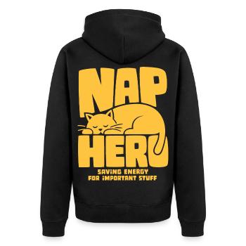 Schlafende Katze – Nap Hero - Unisex Premium Bio Zip Hoodie - Schwarz - Hinten - Nico (187cm)