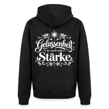 Gelassenheit ist auch eine Stärke - Unisex Premium Bio Zip Hoodie - Schwarz - Hinten - Nico (187cm)