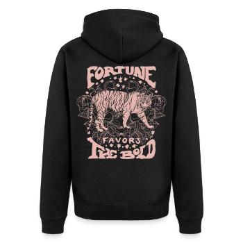DAS GLÜCK IST MIT DEN KÜHNEN - Unisex Premium Bio Zip Hoodie - Schwarz - Hinten - Nico (187cm)