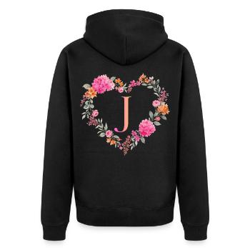 J Monogramm Blumen Herz personalisierbar - Unisex Premium Bio Zip Hoodie - Schwarz - Hinten - Nico (187cm)