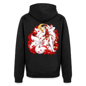 Weißer Kitsune mit neun Schweifen | Noventra - Unisex Premium Bio Zip Hoodie - Schwarz - Hinten - Nico (187cm)