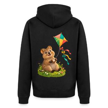 Kleines Quokka mit buntem Wiesendrachen - Unisex Premium Bio Zip Hoodie - Schwarz - Hinten - Nico (187cm)