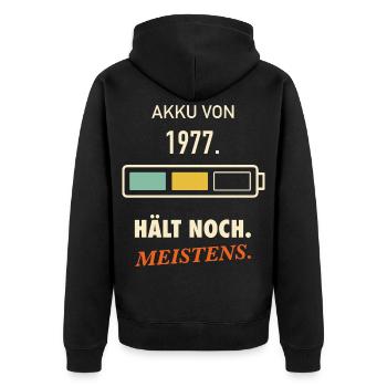 Jahrgang 1977 Akku hält noch 50. Geburtstag lustig - Unisex Premium Bio Zip Hoodie - Schwarz - Hinten - Nico (187cm)