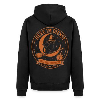 Hexe im Dienst, Vintage Katze Halloween Badge - Unisex Premium Bio Zip Hoodie - Schwarz - Hinten - Nico (187cm)