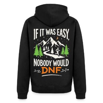 Ultralauf – Wenn es einfach wäre, würde niemand abbrechen - Unisex Premium Bio Zip Hoodie - Schwarz - Hinten - Nico (187cm)