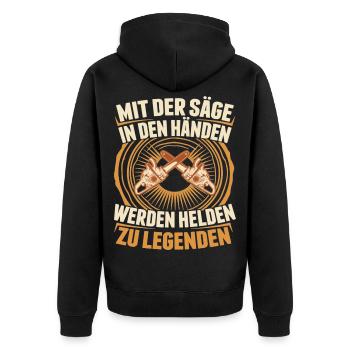 Sägehelden Legenden Entstehung - Unisex Premium Bio Zip Hoodie - Schwarz - Hinten - Nico (187cm)