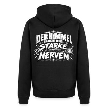 Der Himmel braucht heute starke Nerven - Unisex Premium Bio Zip Hoodie - Schwarz - Hinten - Nico (187cm)