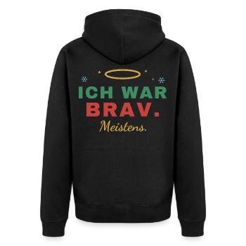 Ich war brav. Meistens. – Weihnachten - Unisex Premium Bio Zip Hoodie - Schwarz - Hinten - Nico (187cm)