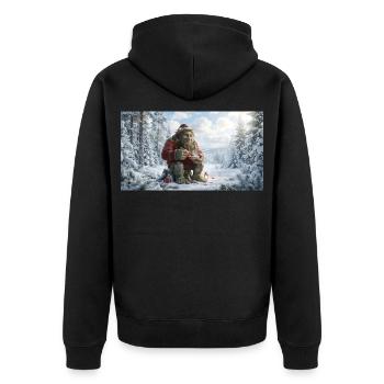 Winter Yeti am Feuer im Schneeland - Unisex Premium Bio Zip Hoodie - Schwarz - Hinten - Nico (187cm)